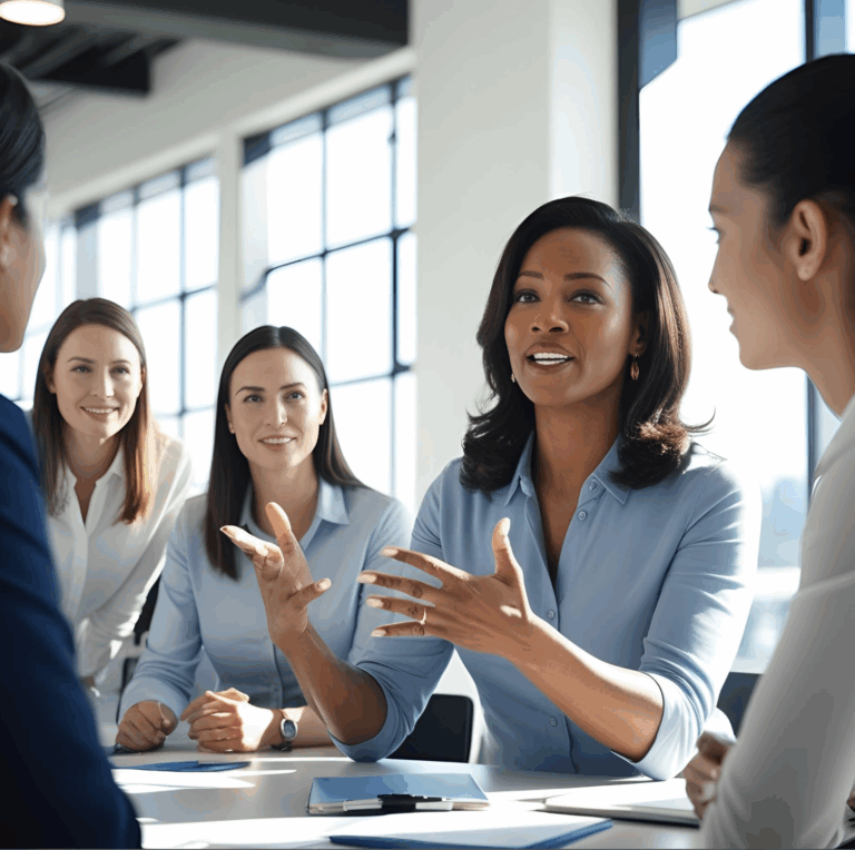 Four businesswomen, appearing to be from diverse backgrounds, are engaged in a discussion around a table in a bright, modern office setting. One woman in the foreground is actively speaking and gesturing